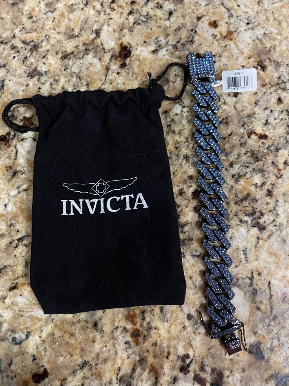 Invicta Black With Blue Crystal Cuban Link Bracelet with Bag